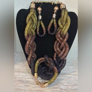 Chic Braided Necklace Earrings & Bracelet Set in Gold Purple and Brown